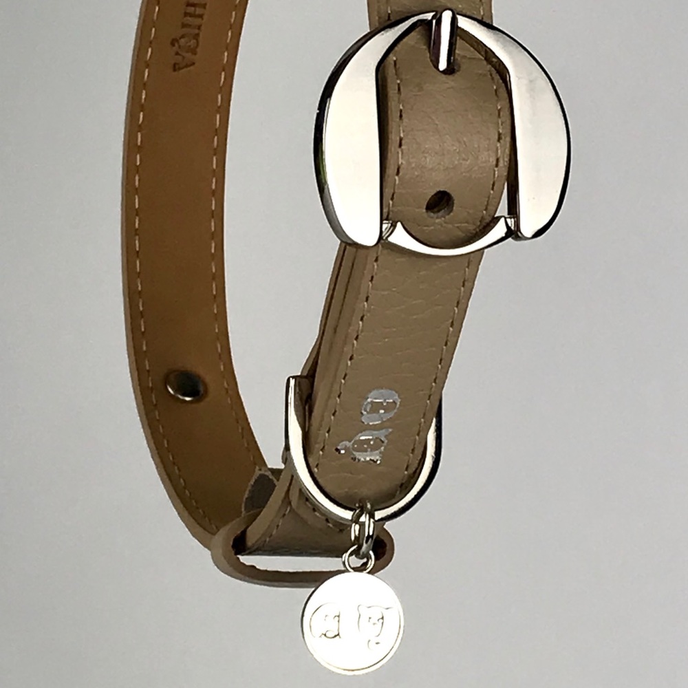 MOSHIQA Beige Leather Silver Chain Dog Collar M Frenchie Luxury Designer Pet Y2K - Picture 7 of 16